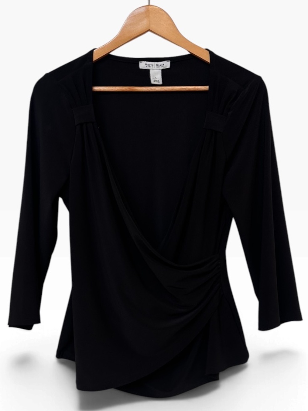 White House Black Market Black Surplice Faux Wrap Top Size Large